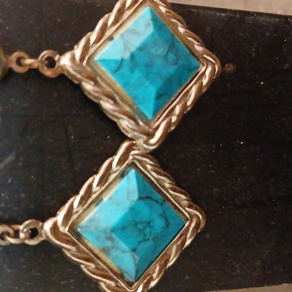Faux turquoise silver tone dangling earrings - Picture 2 of 7